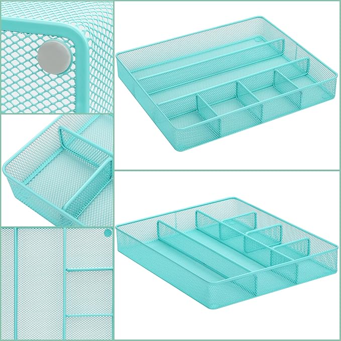 Annova Desk Top Organizer Tray for Office Organization - Metal Mesh - Storage Tray with Dividers for Pens, Desktop Accessories, Bathroom, Kitchen, Makeup and Office Supplies (Large, Turquoise)