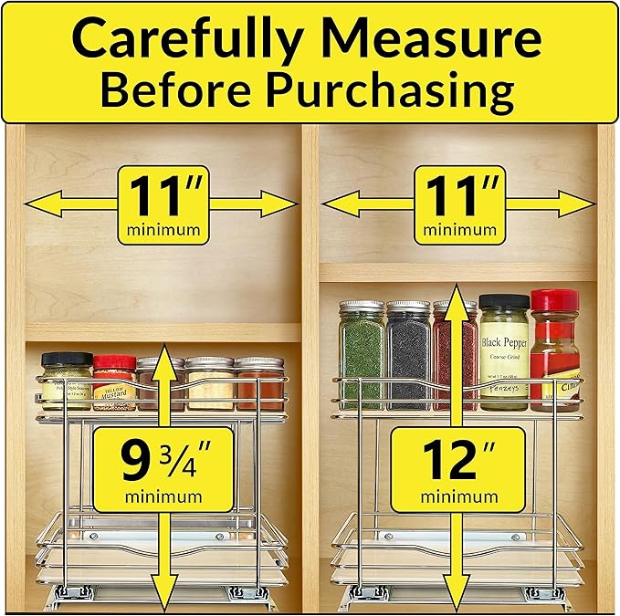 LYNK PROFESSIONAL® Pull Out Spice Rack Organizer for Inside Kitchen Cabinets - 10-3/8 inch Wide - Slide Out Drawer – Chrome Sliding Spice Organization for cabinet - Spice Racks - 2 Tier
