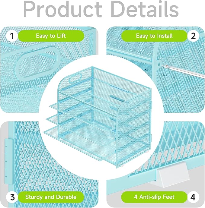 Cawukege 5 Tier Paper Organizer with Handle, Blue Metal Mesh Desk Organizer File Folder Paper Letter Tray Desktop Document Sorter for Classroom, School, Office Accessories Organization and Storage