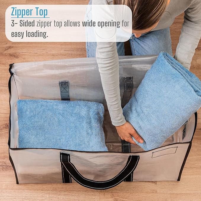 VENO 2 Pack Clear Storage Moving Bags, Heavy Duty Storage Bins with Lid, Around Handles, Tag, Zippers, Extra Large Totes Packing Moving Boxes Supplies for College Dorm Clothes (Transparent)