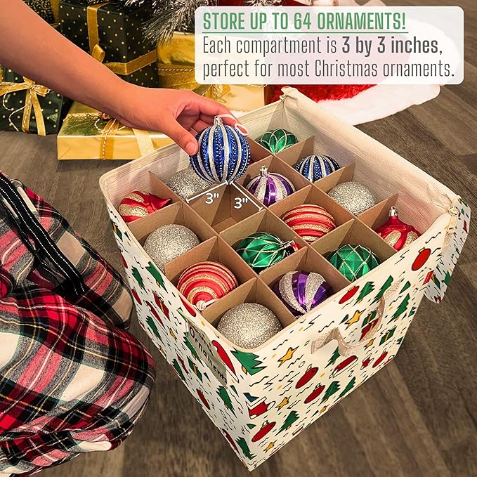 VENO 2 Pack Christmas Ornament Storage Box, Stores up to 64 Holiday Ornaments, Adjustable Dividers, Zippered Top, Storage bins with lids for holiday decorations-3 Inch Cube Compartments (Jingle Mix)