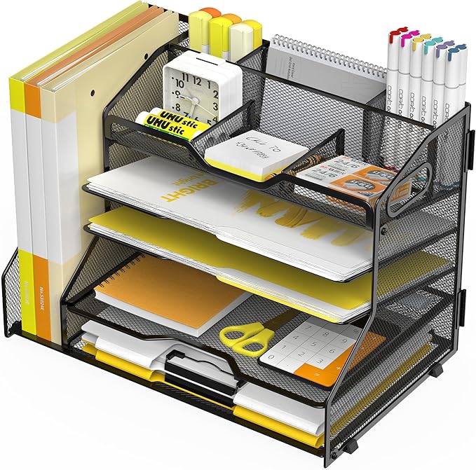 YINGHUA 5 Tier Paper Tray Letter Organizer with Top 6 Adjustable Compartments and File Holder - Paper Sorter Office Desktop Accessories with Handles for Document,Mail,School Supplies Storage,Black