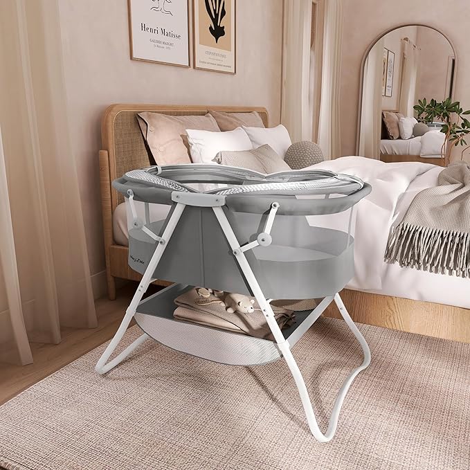 Dream On Me Karley Bassinet, Award Winner Lightweight Travel Baby Bassinet, Foldable Bedside Sleeper, Adjustable Double Canopy, Spacious Design, Soft Fabric, Storage Basket – Dark Gray