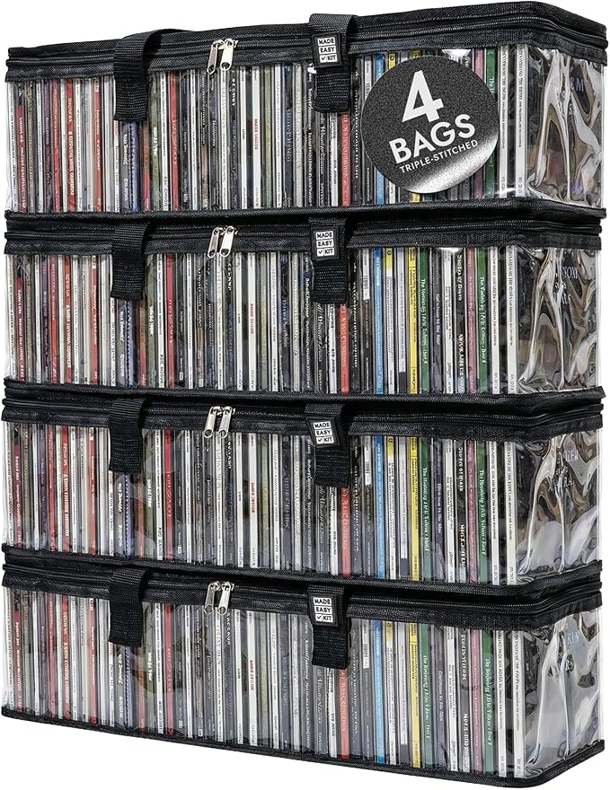 Made Easy Kit CLEAR VIEW Media Storage Bag for CDs, & Video Game Cases- Protect your Collection & Preserve the Quality of your Cases - Stackable, Space-Saving, Fits 50 (Black CD, 4-Pack)