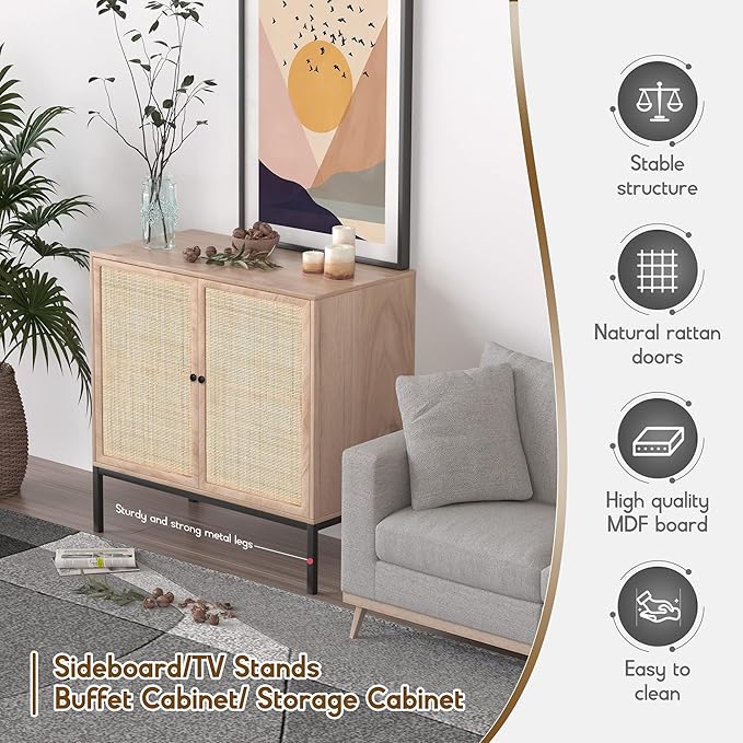 XIAO WEI Sideboard Buffet Cabinet with 2 Natural Rattan Decorated Doors, 31.5" W Accent Rattan Cabinet, Boho Credenza Storage Cabinet, for Living Room Dining Room Hallway, Metal Legs, Natural(3 PCS)