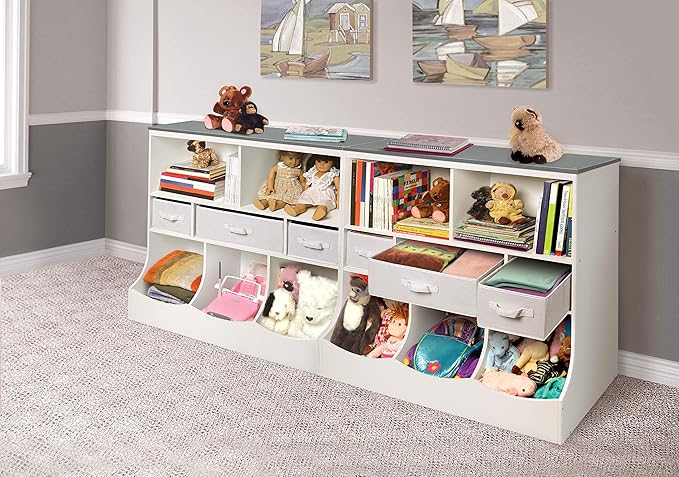 Badger Basket Combo Toy Storage Organizer and Bookshelf - Kids Storage Unit with 3 Removable Baskets, Open Shelves, Top Display Surface - White/Gray