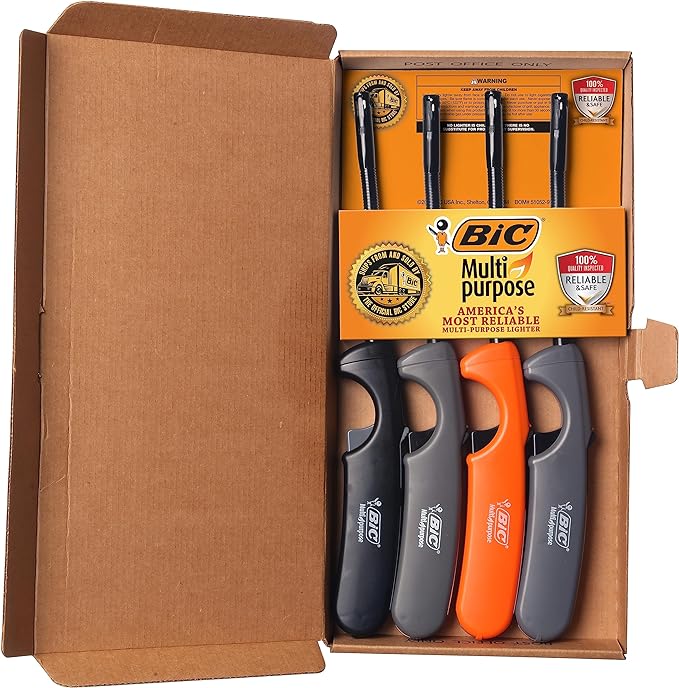 BIC Multi Purpose Lighter with Long Flex Wand, Great Lighter for Candles, Grills and Fireplaces, 4 Count Pack of Lighters, Assorted Colors
