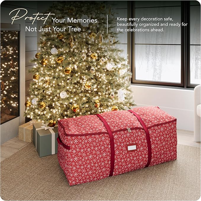 Covermates Keepsakes Christmas Tree Cinch Bag – Durable Polyester Tree Storage with Reinforced Handles & Built-in Cinch Straps – Trees, Lights & Holiday Décor, Red Snowflake