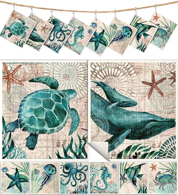 Miss Adola 8 Pack Reusable Kitchen Swedish Dishcloths for Washing Dishes Absorbent Fast Drying Cleaning Sponge Cloths Cute Design Decorate Washable Swedish Towels, Blue Sea