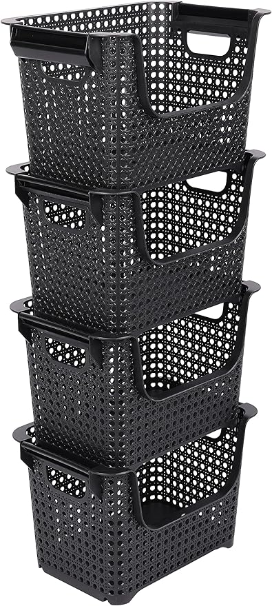 Skywin TidyFriend Stackable Storage Bins for Pantry 4 Pack, Stackable Bins For Organizing Food, Kitchen, and Bathroom Essentials (Circle with Handle)(Black)