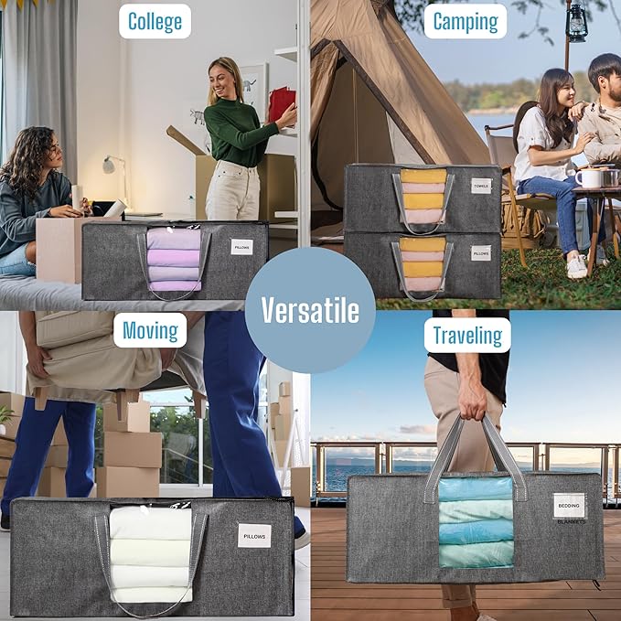 VENO 4 Pack Heavy Duty Moving Bags, Christmas Storage Bins with Lids, Transparent Window Design, Alternative to Moving Boxes, Storage Bags for Clothes, Blankets, Comforters, Pillows (Gray, 4 Pack)