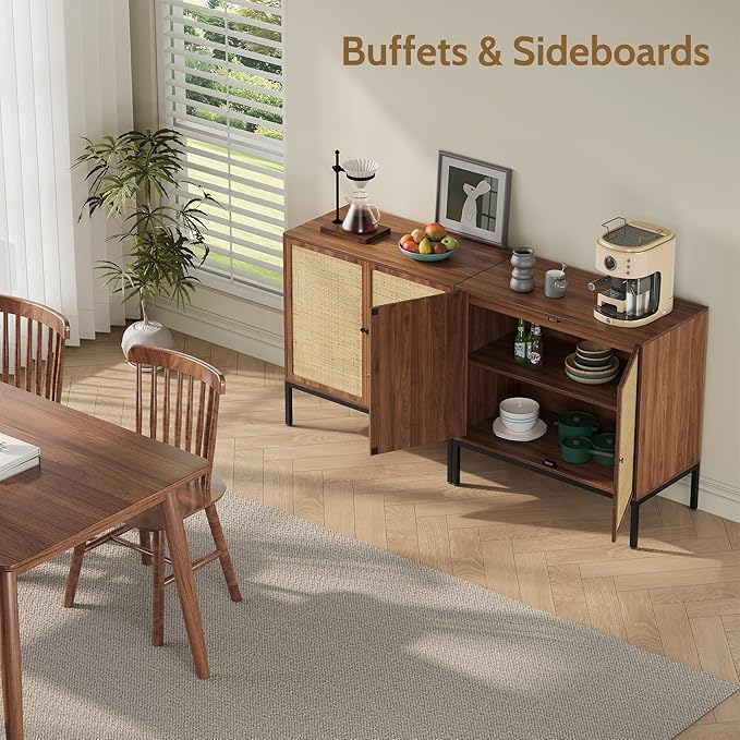 Yechen Set of 2 63" Walnut Sideboard Cabinet with Natural Rattan Doors, Buffet Console & Accent Cabinet, Rattan Credenza Storage with Metal Legs for Living Room, Kitchen, Dining Room