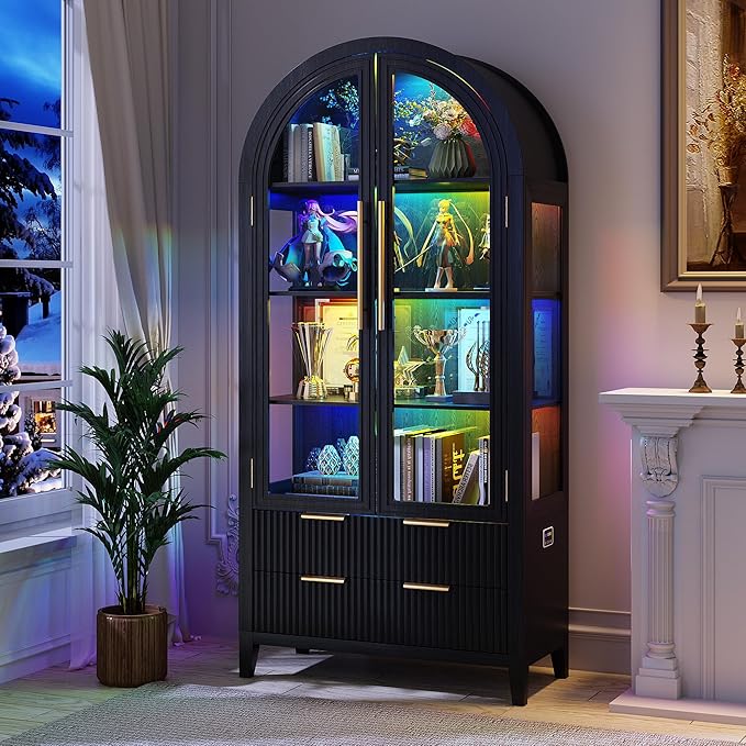 LVSOMT 71" Tall Arched Storage Cabinet with Glass Doors and Drawers, Curio Display Cabinet with Adjustable RGB Light & Human Sensor, 4-Tier China Cabinet for Living Room(Black)