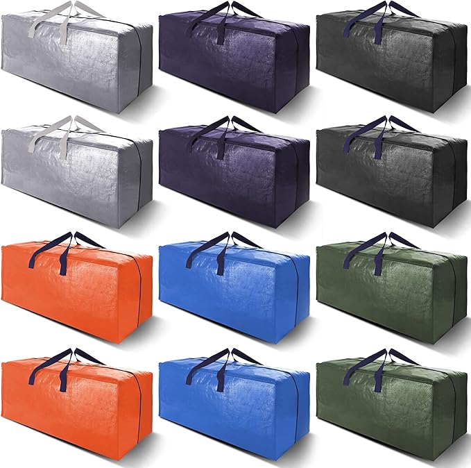 VELVETSURE 12 Pack Heavy Duty Extra Large Moving Bags W/Backpack Straps - Strong Handles & Zippers, Storage Totes For Space Saving, Fold Flat, Alternative to Moving Box and Storage Bin, Multicolor