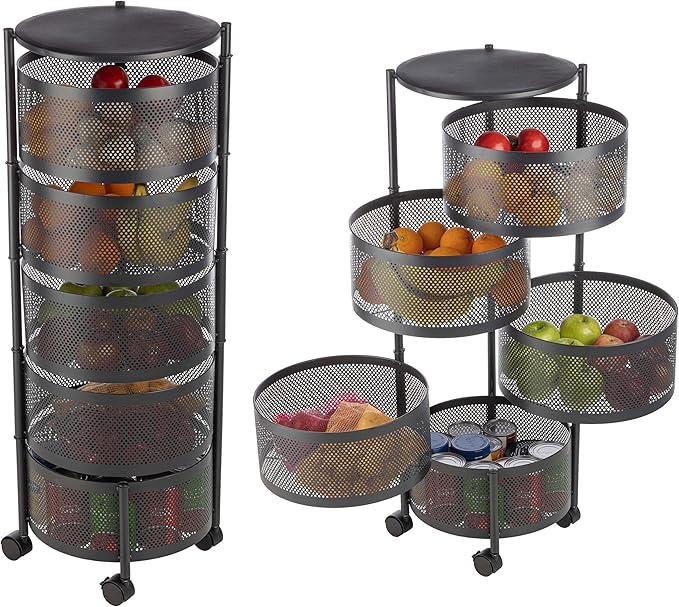 Home-Complete Kitchen Storage Rolling Cart with Wheels - 5 Tier Rotating Fruit and Vegetable Baskets for Kitchen Organization and Storage - Metal Cart for Pantry, Bathroom, or Craft Room (Black)