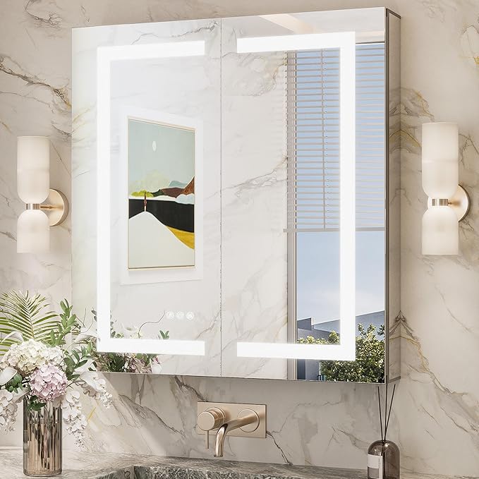 TokeShimi 30x32 Led Medicine Cabinet Mirror with Electrical Outlet, Wall Mounted or Recessed Medicine Cabinet with Light Frontlit, Anti-Fog 3 Colors Dimmable Mirror with Storage for Bathroom