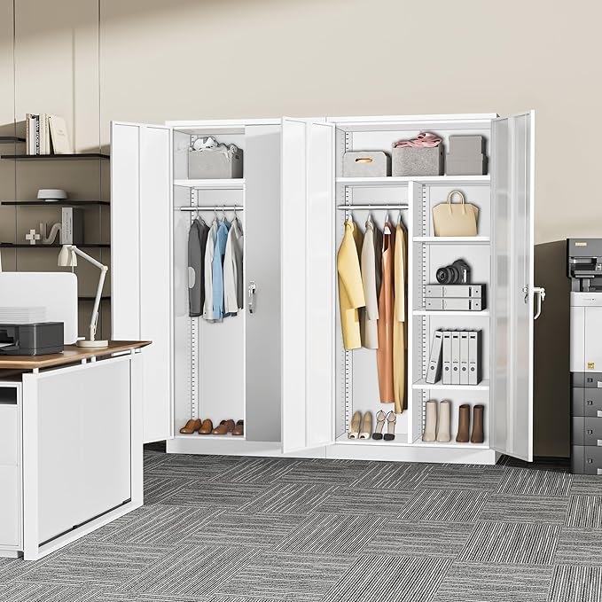 Greenvelly Metal Storage Wardrobe with Lock, White Steel cabinets Locker, 72" X 36" X 18" Metal Cabinet with Adjustable Shelves for Home Office, Garage, School