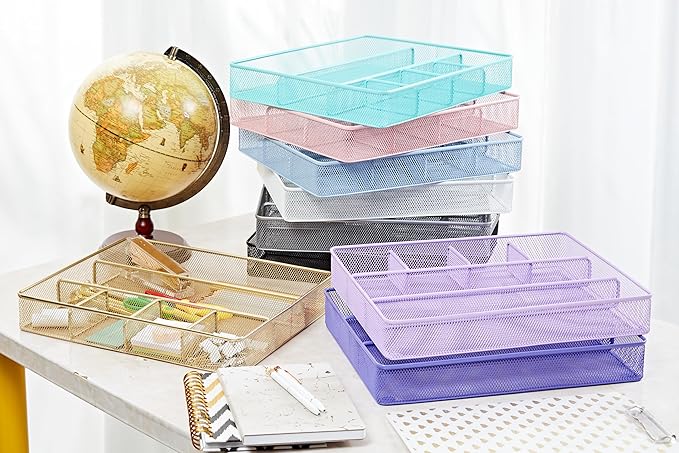 Annova Desk Top Organizer Tray for Office Organization - Metal Mesh - Storage Tray with Dividers for Pens, Desktop Accessories, Bathroom, Kitchen, Makeup and Office Supplies (Large, Light Pink)