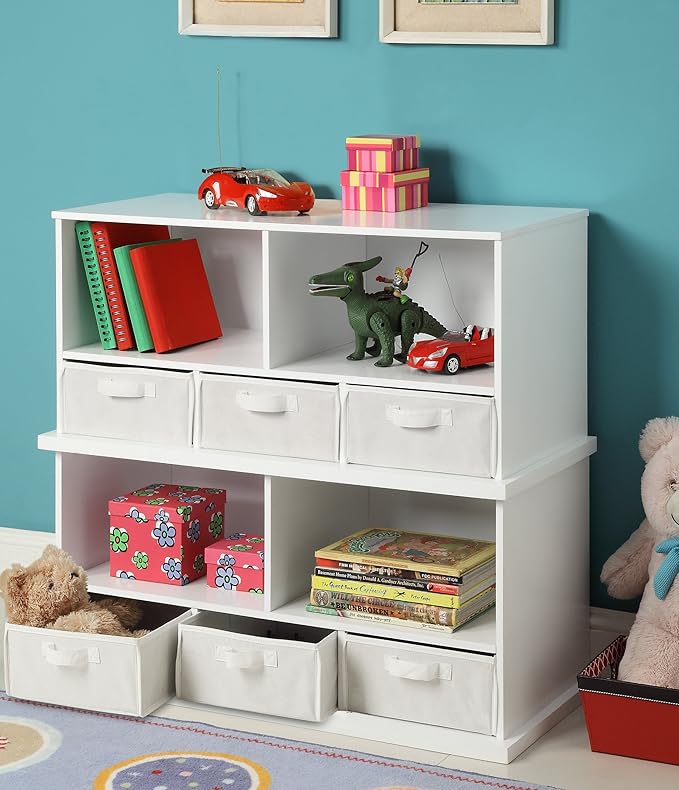 Badger Basket Stackable Toy Storage Organizer - 5-Shelf Modular Unit with 3 Removable Fabric Bins, Solid Panel Construction, Expandable Design for Toys and Crafts - White