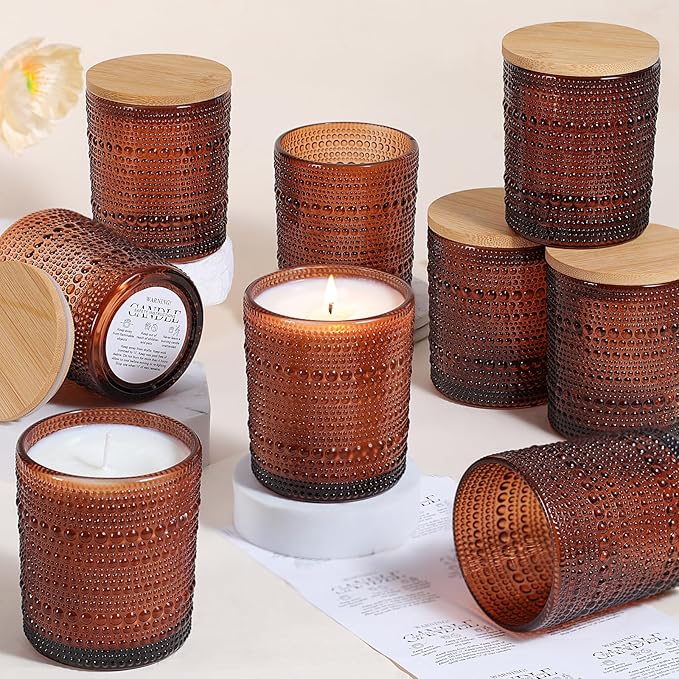 DARJEN 12 Pack Amber Candle Jars for Making Candles- 8 OZ Empty Glass Candle Making Jars with Bamboo Lids and Labels, Candle Containers Candle Making Kits for DIY Gifts