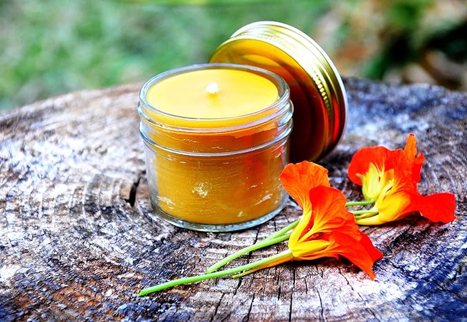 BeeTheLight Beeswax Jar Candle - 100% Pure USA Bees Wax in Glass Container with Cork Lid - Unscented - All Natural Light Honey Scent (4 oz w/Gold Lid, Unscented)