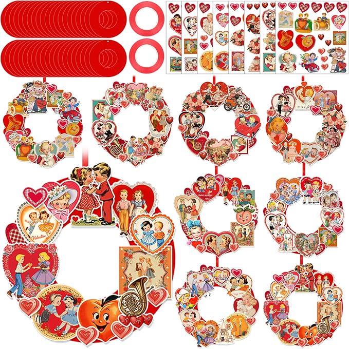 Hollowfly 48 Sets Vintage Valentine's Day Wreath Craft Kits for Kids DIY Heart Wreath Hanging Ornaments Make Your Own Paper Craft for Valentine's Day Home Party Favors School Classroom Activities
