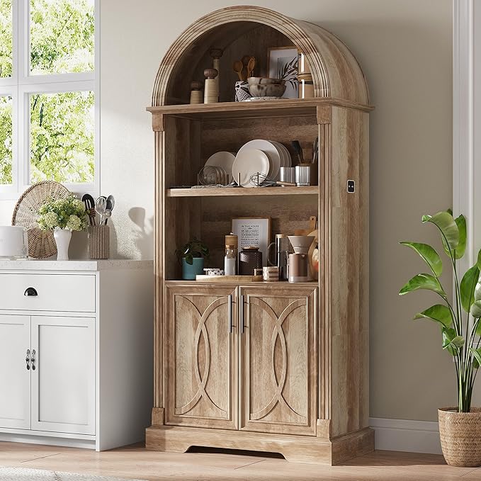 Vlsrka 71" Tall Arched Kitchen Pantry Cabinets, Wood Kitchen Storage Cabinets/Arched Bookshelf/Bookcase,China Cabinet with Open & Adjustable Shelves, Induction LED Light (Brown)