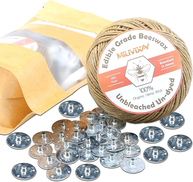 MILIVIXAY 100% Organic Hemp Candle Wick with Natural Beeswax Coating, 200 FT Spool, Standard Size (1.0mm)+ Wick Sustainer Tabs (200PCS).