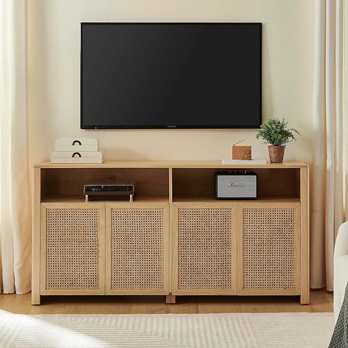 63’’ Rattan Sideboard Cabinet, Boho Mid Century Modern Credenza Buffet Table & TV Console with Adjustable Shelves and Open Storage for Living Room, Hallway, Entryway, Kitchen & Dining, Natural