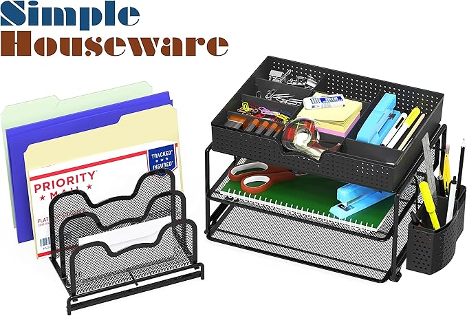 Simple Houseware Mesh Desk Organizer with Sliding Drawer, Double Tray and 5 Stacking Sorter Sections, Black