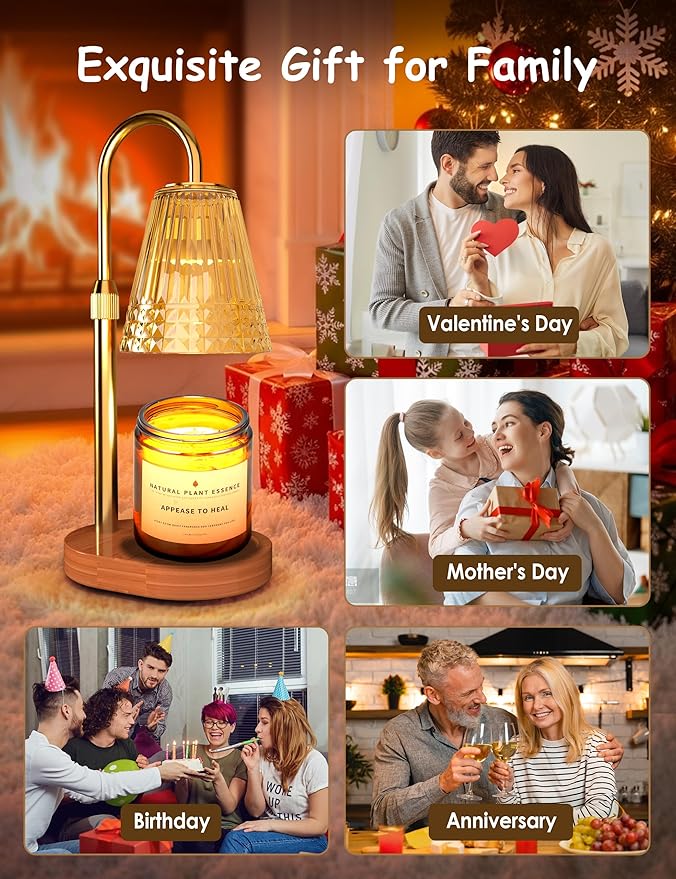 Candle Warmer Lamp with Timer and Dimmer, Adjustable Height Jar Candle Wax Warmer, Flameless Halogen Heat, 2 Replacement Bulbs, Gifts for Women Mom, Living Room Bedroom Decor