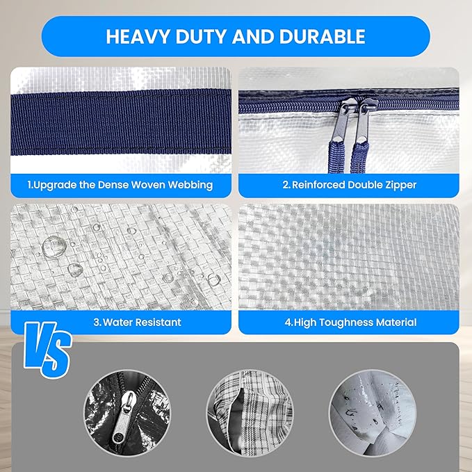 Simple Deluxe 12 Pack Extra Large Moving Bags with Lids, Reinforced Handles and Zippers, Heavy Duty Storage Tote for Moving Travel Camping Space Saving, White