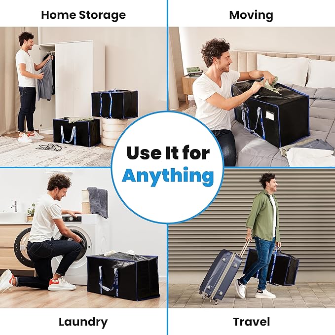 Clothing Storage Bags with Zipper - 4 Pack of Heavy Duty Moving Bags Extra Large - Dorm Storage Moving Tote Bag - Packing Bags for Moving Dorm Room Essentials, Pillows, Bedding & Blankets