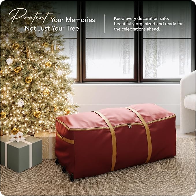 Covermates Keepsakes Christmas Tree Rolling Cinch Bag – Heavy-Duty Polyester Holiday Storage with Wheels, Reinforced Handles & Cinch Straps – Durable Christmas Tree Storage Solution, Red