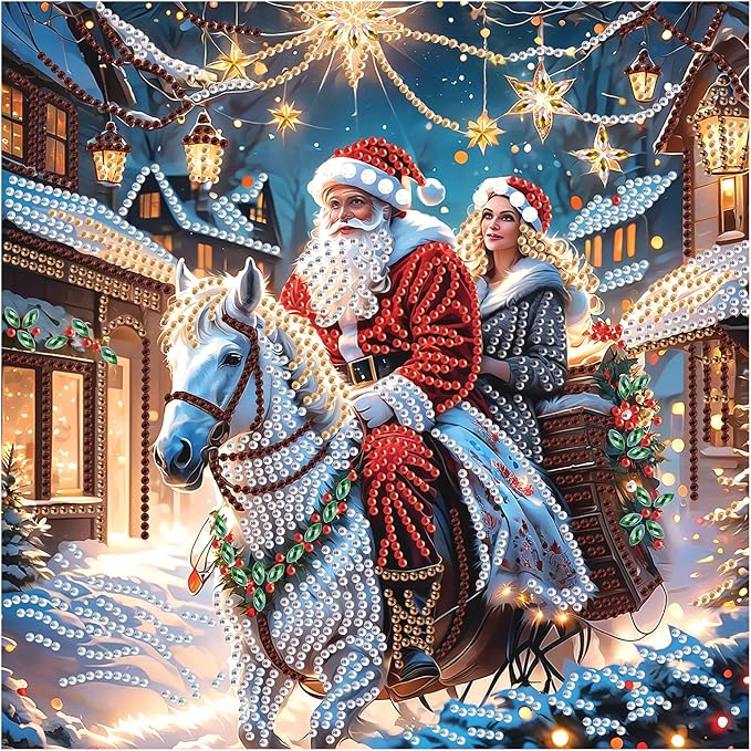 5D Special Shape Christmas Diamond Painting Kits for Adults, Santa Claus and Companion Riding Through Dreamy Fairytale Town, Crystal Rhinestones Diamond Art Canvas for Home Wall Decor Gift, 12×12 Inch
