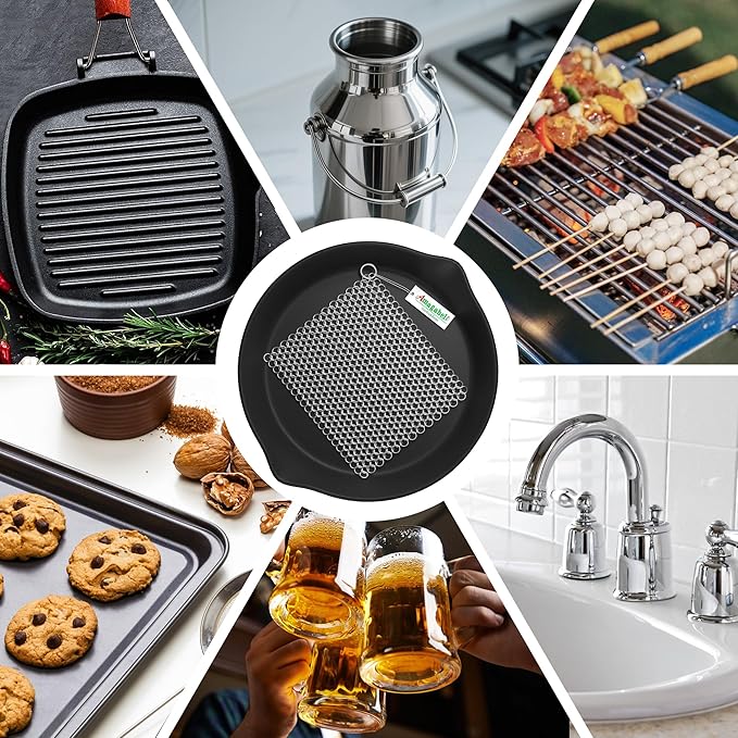 Amagabeli Cast Iron Cleaner 8"x6" Premium Stainless Steel Chainmail Scrubber Cast Iron Skillet Cleaner for Pan Pot Wok Griddles BBQ Grills Cast Iron Cleaning