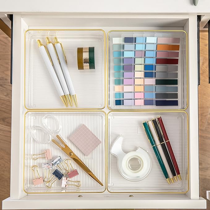Martha Stewart Kerry Plastic Stackable Office Desk Drawer Organizers, 6" x 6", 4 Pack, with Gold Trim