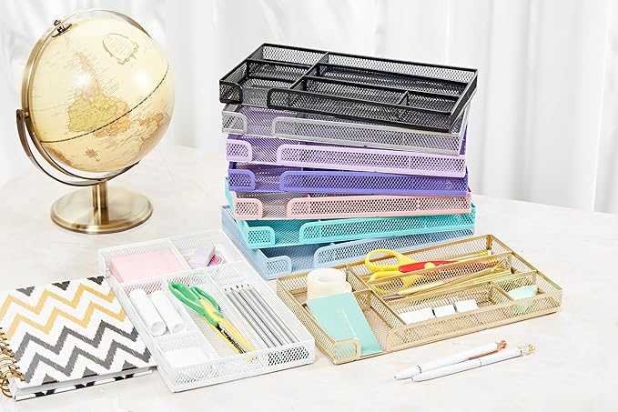 Annova Desk Drawer Organizer Tray for Office Organization - Metal Mesh - Storage Tray with Dividers for Pens, Desktop Accessories, Bathroom, Kitchen, Makeup and Office Supplies (Small, Purple)