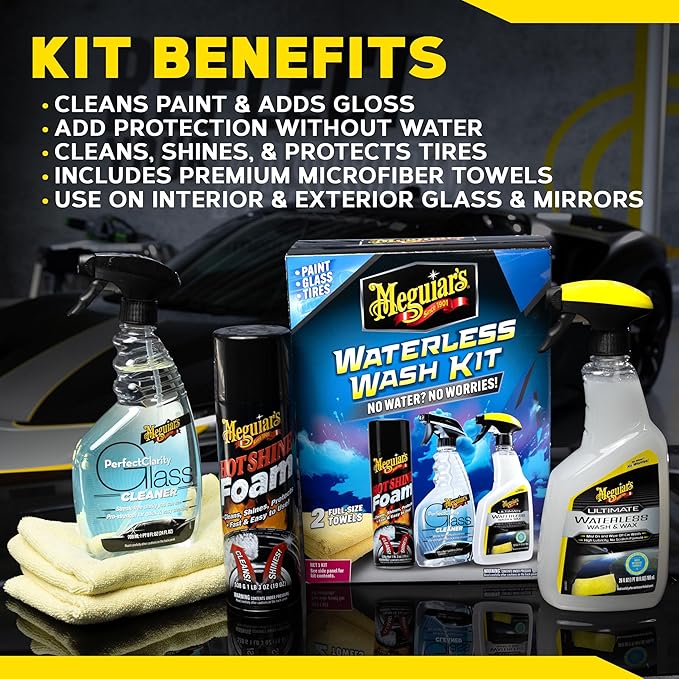 Meguiar's Waterless Wash Kit - This Premium Car Detailing Kit Gently Removes Dirt and Grime, Adds Shine and Protects Several Surfaces on Your Car Without Water – Get Amazing Results Detailing Anywhere