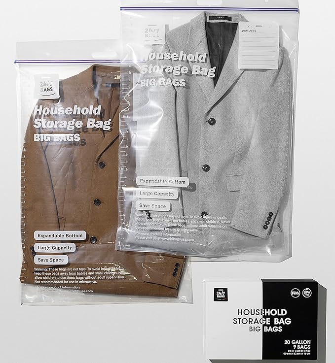 9 XXX-Large Plastic Storage Bags, 20 Gallons, Zero BPA, Double Zipper Seal, 3 Mils Thick, Double Layer Carry Handle, 24"x32"x7", Moving, Seasonal, Travel