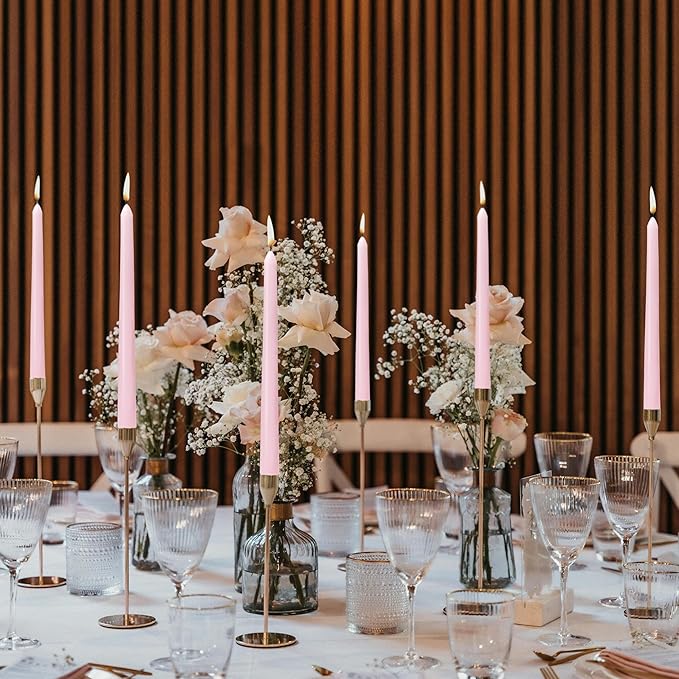 Pink Taper Candles 10-Inch - Pink Candlesticks 12 Pack Dripless Tapered Candle Unscented Tall Smokeless 8 Hours Long Burning Candle Sticks Paraffin Wax for Weddings Valentine’s Day Dinner