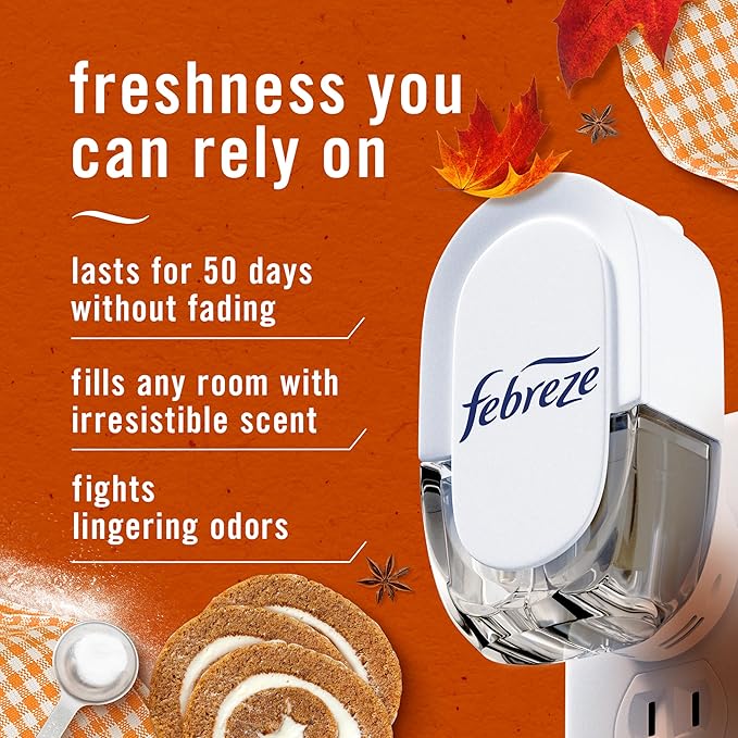 Febreze Plug In Air Freshener, Odor-Fighting Scented Oil Refill, Pumpkin Roll Scent, 4 Refill
