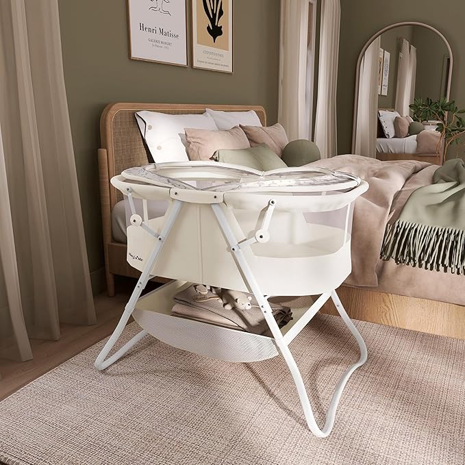 Dream On Me Karley Bassinet, Award Winner Lightweight Travel Baby Bassinet, Foldable Bedside Sleeper, Adjustable Double Canopy, Spacious Design, Soft Fabric, Storage Basket – French White