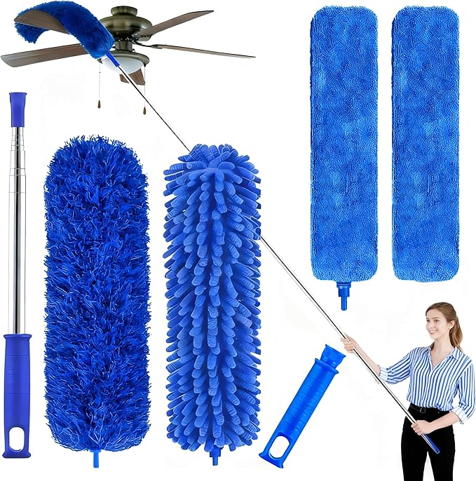 Professional Microfiber Feather Dusters for Cleaning, 6PCS Extendable Bendable Dusters with 100" Telescopic Pole, Washable & Reusable Cleaning Kit for Ceiling Fans, Blinds, Hard-to-Reach Areas (Blue)