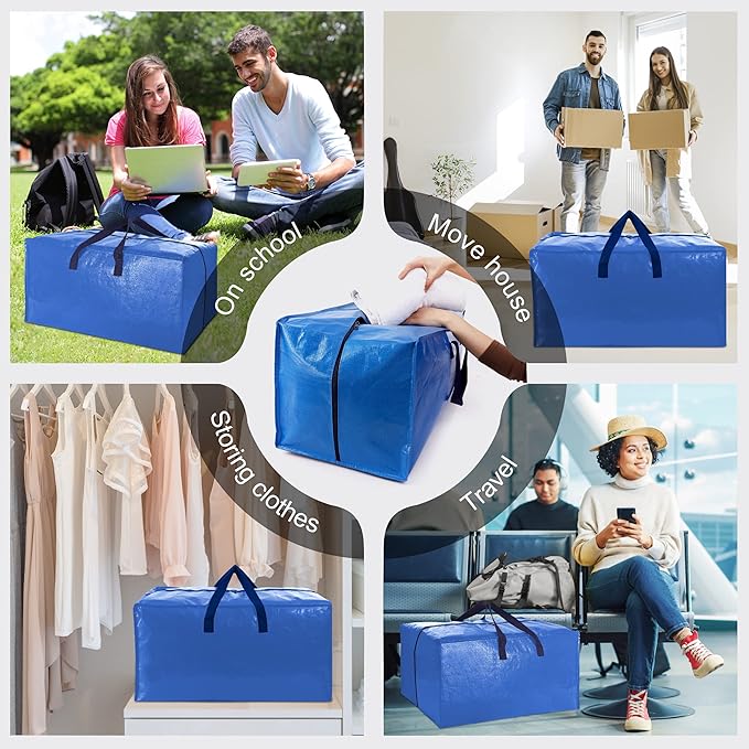VELVETSURE 12 Pack Heavy Duty Extra Large Moving Bags W/Backpack Straps - Strong Handles & Zippers, Storage Totes For Space Saving, Fold Flat, Alternative to Moving Box and Storage Bin, Multicolor