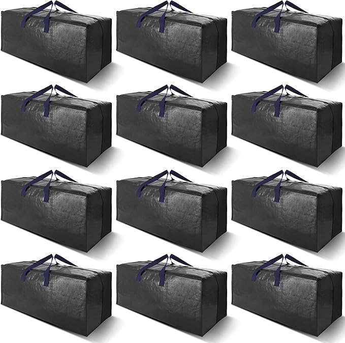 VELVETSURE 12 Pack Heavy Duty Extra Large Moving Bags W/Backpack Straps - Strong Handles & Zippers, Storage Totes For Space Saving, Fold Flat, Alternative to Moving Box and Storage Bin, Black