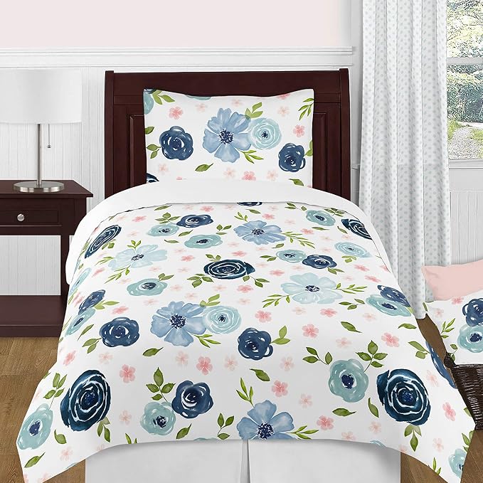 Sweet Jojo Designs Navy Blue and Pink Watercolor Floral Foldable Fabric Storage Cube Bins Boxes Organizer Toys Kids Baby Childrens - Set of 2 - Blush, Green and White Shabby Chic Rose Flower