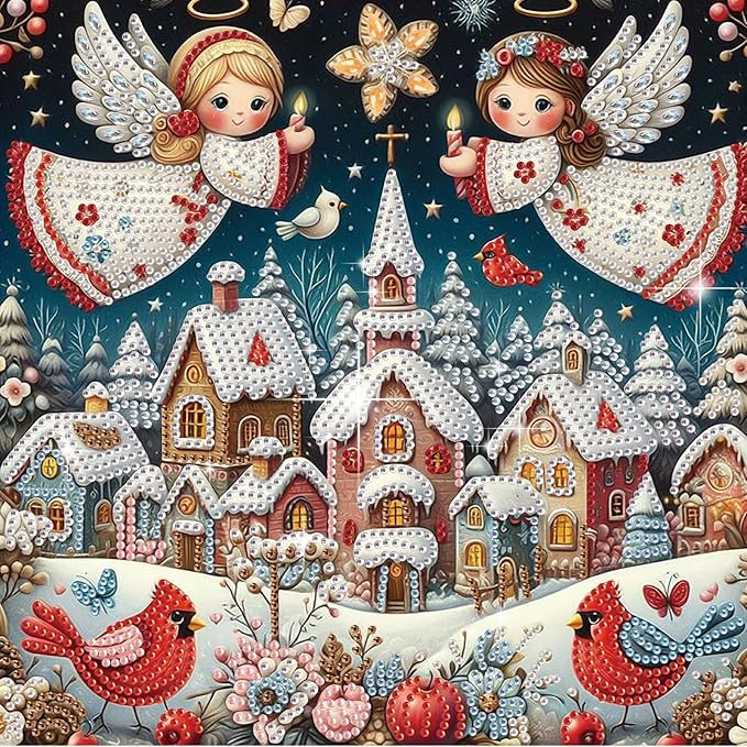 antor Diamond Painting Christmas Angels Protecting Snow Village with Red Robins, 5D DIY Special Shaped Diamond Art Kit for Adults, Crystal Rhinestones Diamond Painting, Holiday Winter Home Wall Decor