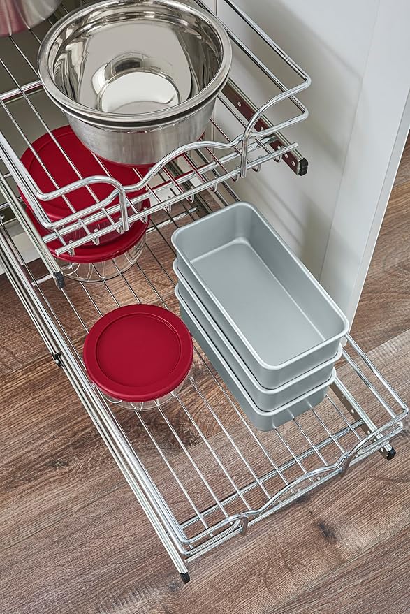 Rev-A-Shelf 2-Tier Kitchen Cabinet Pullout Shelf and Drawer Organizer Slide Out Pantry Storage Basket in Multiple Sizes, 12 x 22 In, 5WB2-1222CR-1