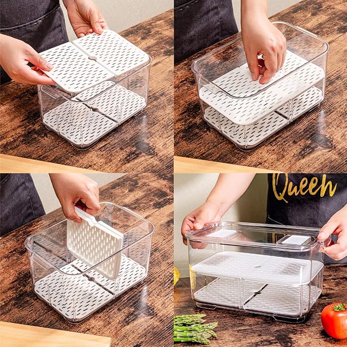 Slideep 11'' Large Food Storage Containers, Fridge Produce Saver 2 Tier Stackable Refrigerator Organizer with Lids and Removable Drain Tray Drawers Bins Baskets for Kitchen -2 Packs